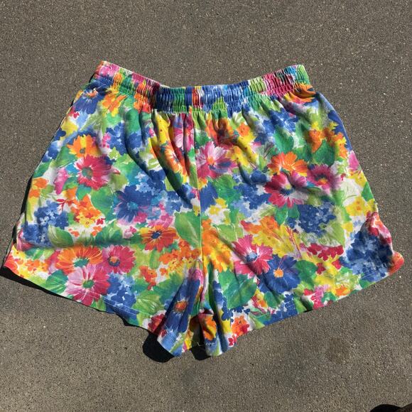 Vintage Pants - 90s Pinwheels Bold Colorful Floral Pull On Elastic Waist Lounge Shorts Cotton